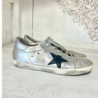 Golden Goose Superstar Low Top Skateboard Sneaker Metallic Silver Womens Size 38