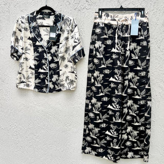 NWT $233 Scotch & Soda Holiday Shirt & Aloha Pants Set Cream Black Women's Small