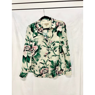 Burberry Aster Floral Long Sleeve Silk Button-Up Shirt Ivory/Green Women's US 6