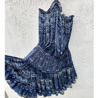 MISA Molina Sleeveless Tiered Ruffle Hem Halter Mini Dress Navy Women's Sz XS