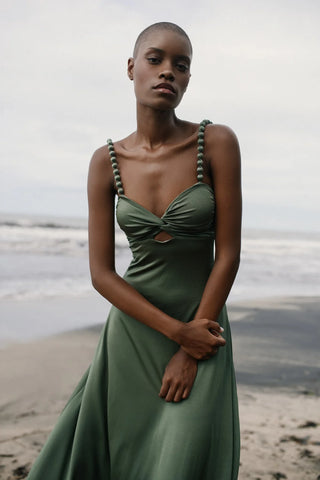 Mar de Lua Oti Basil Sleeveless Twisted Front Maxi Dress Green Women's One Size