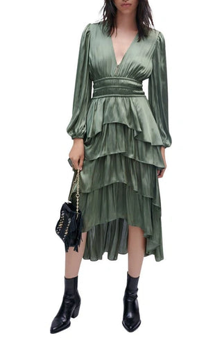 Maje Riastuds Long Sleeve Tiered Satin A-Line Midi Dress Khaki Green 36 FR/4 US