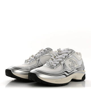 Chanel Fabric Laminated Calfskin Stretch CC Sneakers White Silver Women's EU 36