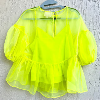 NWOT Cinq A Sept Ciarra Puff Sleeve Semi Sheer Layered Top Acid Yellow Women's S