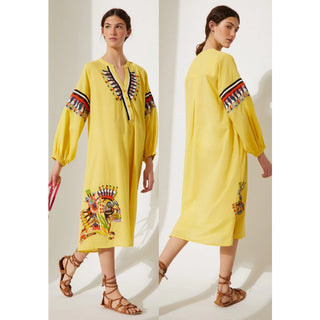 Jazmin Chebar Tunica Mexico Balloon Sleeve A-Line Midi Dress Yellow Sz 3 / Large