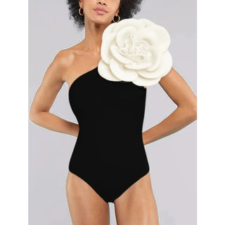 Exaggerated 3D Flower One Shoulder One Piece Swimsuit Black/White Women's Size S