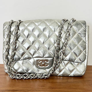 Chanel Quilted Lambskin Leather Double Flap Shoulder Bag Metallic Silver Womens