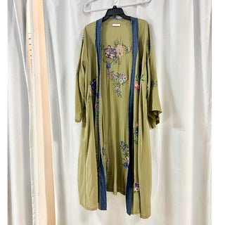 Anjuna Embroidered Floral Open Front Kimono Kaftan Olive Green Women's Size M