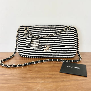 Chanel Striped Flap Classic Velour Velvet Shoulder Bag Black White Women's