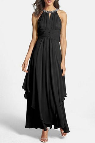 Eliza J Embellished Halter Neck Tiered Fit & Flare Chiffon Gown Black Women's 14
