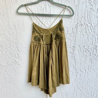 Free People Blackbird Embroidered Spaghetti Strap Tank Top Moss Green Women's XS