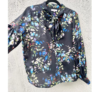 $248 Parker Long Sleeve Floral Print V-Neck Tie Top Blouse Black Women's Large