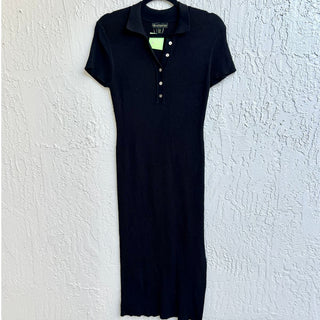 House Of Harlow Short Sleeve Ribbed Knit Shirt Midi Dress Black Women's Medium