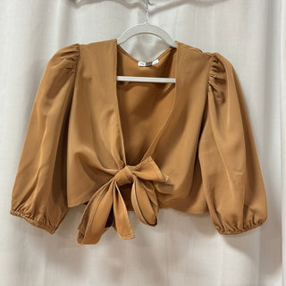 Pretty Lavish Jamie Crop Tie Knot Blouse & Wide Leg Trouser Pants Set Tan US 4