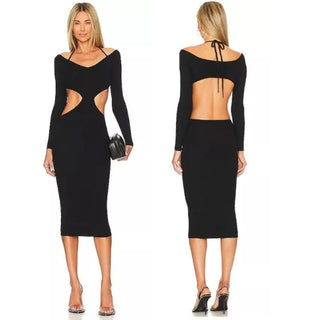 NBD Yael Long Sleeve Ribbed Knit Cutout Halter Midi Dress Black Women's Size XS