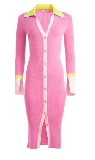 Alice + Olivia Alcina Rib Knit Button Down Sweater Dress Pink Womens Size Medium
