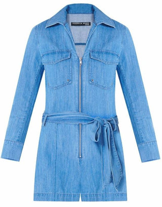 Veronica Beard Jeans Keenan Denim Belted One-Piece Romper Blue Women's Size XS