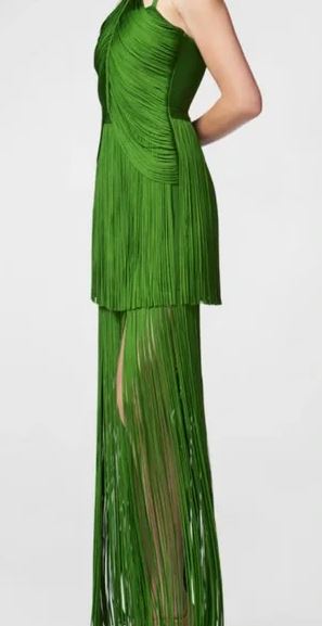 Herve Leger Paris Halter Drape Fringe Long Gown Everglade Green Women's Large