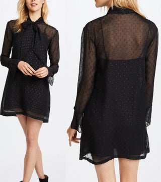 Theory Metallic Silk Scarf Bell Sleeve Mini Shirt Dress Black Women's Size 00