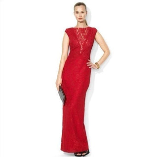 LAUREN Ralph Lauren Evening Lace Bodycon Ball Gown Maxi Dress Red Women's Size 6