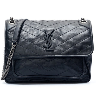 Saint Laurent Niki Crinkled Calfskin Leather Medium Flap Shoulder Bag Navy Blue