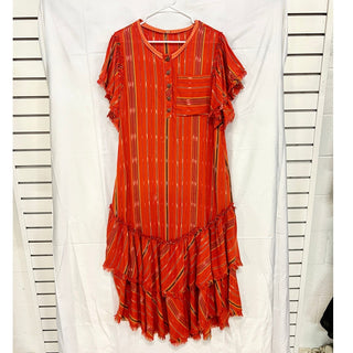 Free People Better Days Striped Henley Ruffle Hem Maxi Dress Red Combo Womens XS