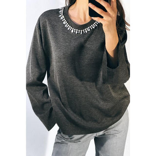 NWT Zara Embellished Rhinestone Long Sleeve Round Neck Sweater Grey Marl Women S