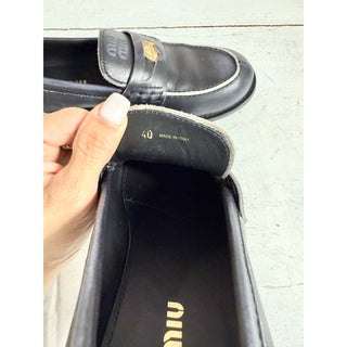 Miu Miu 20MM Distressed Leather Penny Loafers w/ Golden Coin Blue Womens 40/9.5