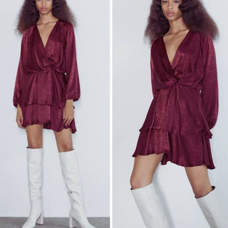 Zara Balloon Sleeve Satin Silky Ruffle Mini Dress Burgundy Women's Size Small