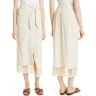 Nanushka Randi High Waisted Fringe Trim Wrap Midi Skirt Cream Women's Size Small