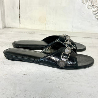 Balenciaga Cagole Arena Lambskin Slip On Open Toe Flat Sandals Black Women's 37