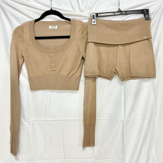 Lounge Knitted Long Sleeve Crop Top & Fold Waist Shorts Set Tan Women's Size XS