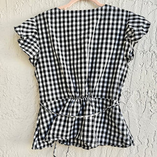 J. Crew Flutter Sleeve Gingham Wrap V Neck Top Blouse White Black Women's Sz 12