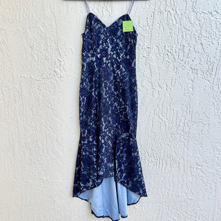 NWOT About Us Angeline High Low Hem Mermaid Ruffle Midi Dress Indigo Women's XXS