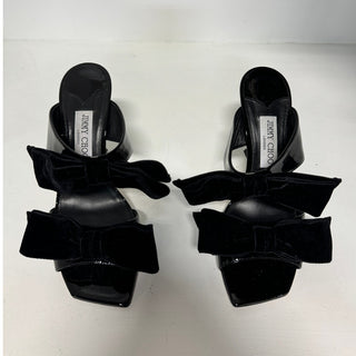 Jimmy Choo Flaca Velvet Bow Patent-Leather Mules Sandals Black Women's 39 / 8.55