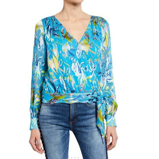 Tanya Taylor Printed Klara Long Sleeve V-Neck Wrap Top Blouse Blue Womens Size 6