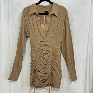 NWT Mimii London Long Sleeve Ruched Collared Shirt Mini Dress Tan Womens Size XS