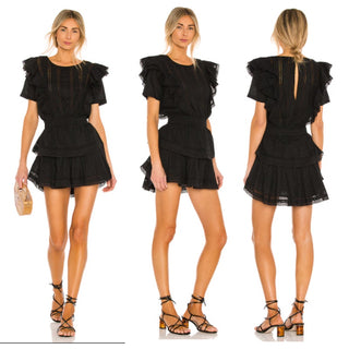 LoveShackFancy Natasha Ruffle Trim Short Sleeve Eyelet Mini Dress Black Women XS