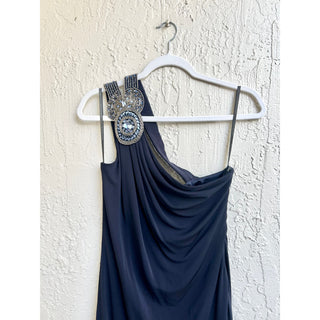 NWT David Maister One Shoulder Embellished Maxi Dress Navy Blue Women's Size 10