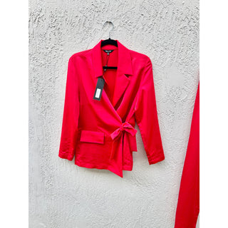 NWT Misook Wrap Crepe de Chine Blazer & Wide Leg Pant Set Sunset Red Women's XS