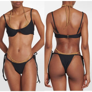 SAME Double Layer Bikini Top and Bikini Bottom Set Black/Gold Women's Size S