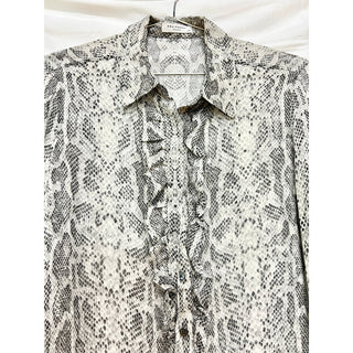 Equipment Femme Snake Print Ruffle Trim Button-Up Silk Blouse Shirt Top Gray L