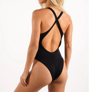 NWT Poema Swim Issa Scoop Neck Cross-Back One-Piece Swimsuit Black Womens Size S