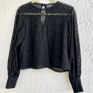 $345 The Kooples Puff Sleeve Sheer Lace Top Blouse Black Women's Size Medium