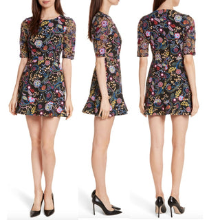 Saloni Celia Floral Short Sleeve Fit & Flare Mini Dress Black Women's Size US 6