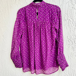 Ba&Sh Long Puff Sleeve Printed Silk Blend Cabri Blouse Purple Women's Size Large