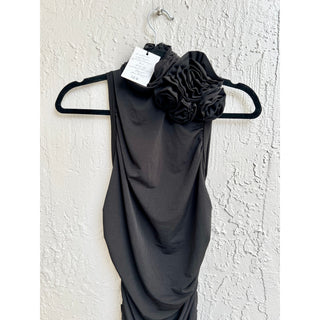 NWT Leau Sleeveless Drape Ruched Mock Neck Rosette Maxi Dress Black Women's XS