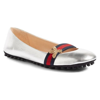 NWT Gucci Bayadere Bee Leather Slip On Ballerina Flat Shoes Silver Women's 38