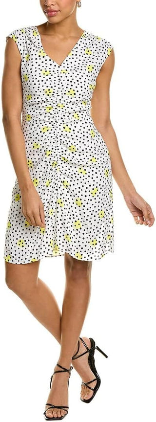BOSS Hugo Desmala Polka Dot Cap Sleeve Ruched Mini Dress White Womens US 10