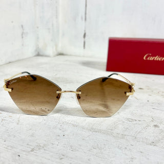 NWT Panthère de Cartier Rimless Gold Metal Gradient Brown Lens Cat Eye Sunglass